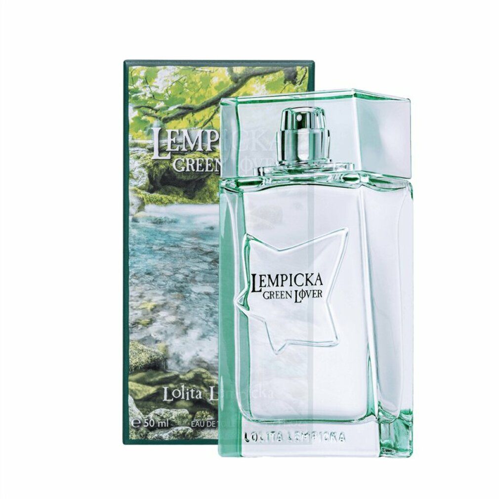 Grüner Flakon mit Verpackung. Aufschrift: Lempicka Green Lover. Rechteckige Form mit Stern-Design. Verpackung mit Landschaft.