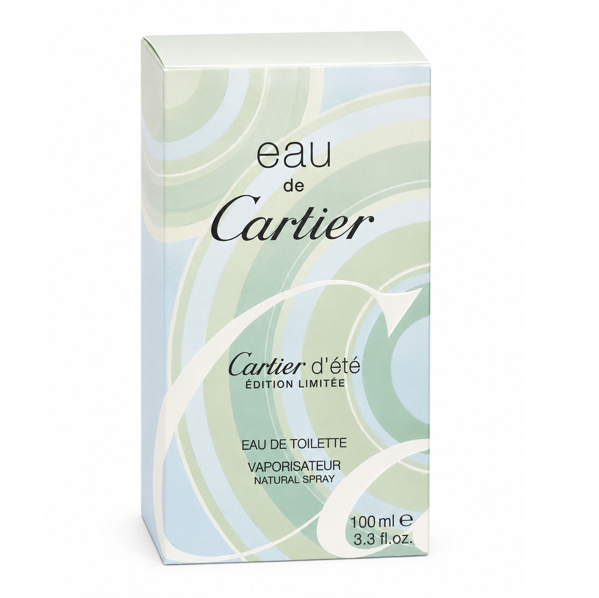 Kartonverpackung. Aufschrift: Eau de Cartier, Cartier d'été, Édition Limitée. Eau de Toilette, Vaporisateur, Natural Spray. 100 ml.