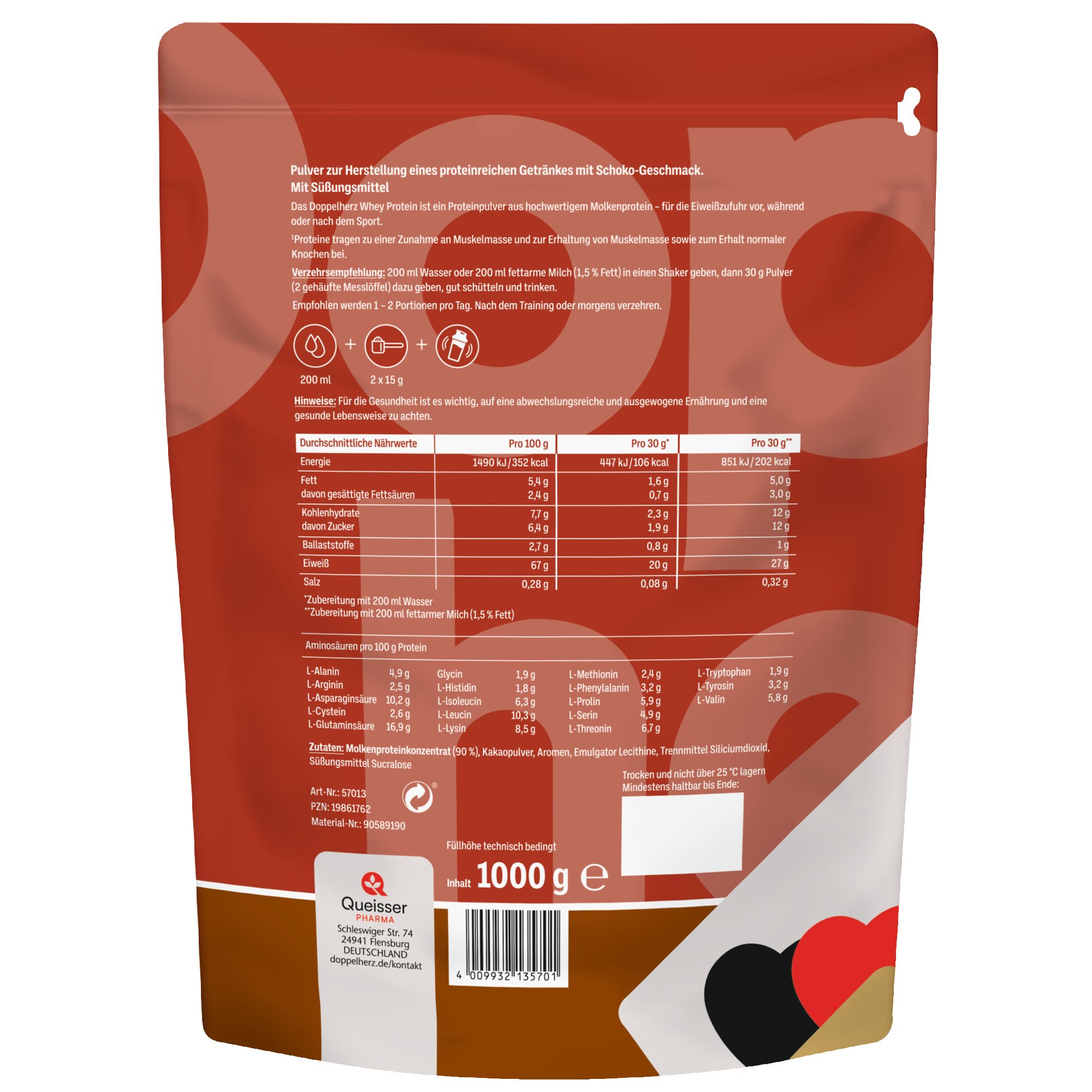 Rückseite der Doppelherz WHEY PROTEIN Schoko-Verpackung. Nährwertangaben, Zutatenliste und Herstellerinformationen.