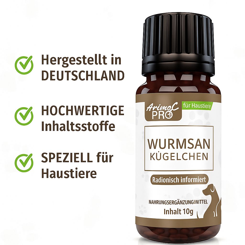 Braune Glasflasche mit schwarzem Deckel. Etikett mit Produktnamen und Logo. Grüne Häkchen mit Text.