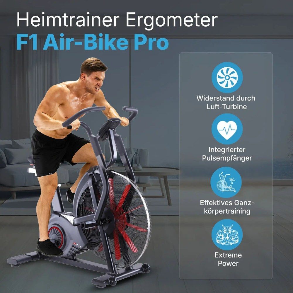 Mann trainiert auf AsVIVA Air Bike F1 Heimtrainer mit Luftwiderstand und Pulsmesser.