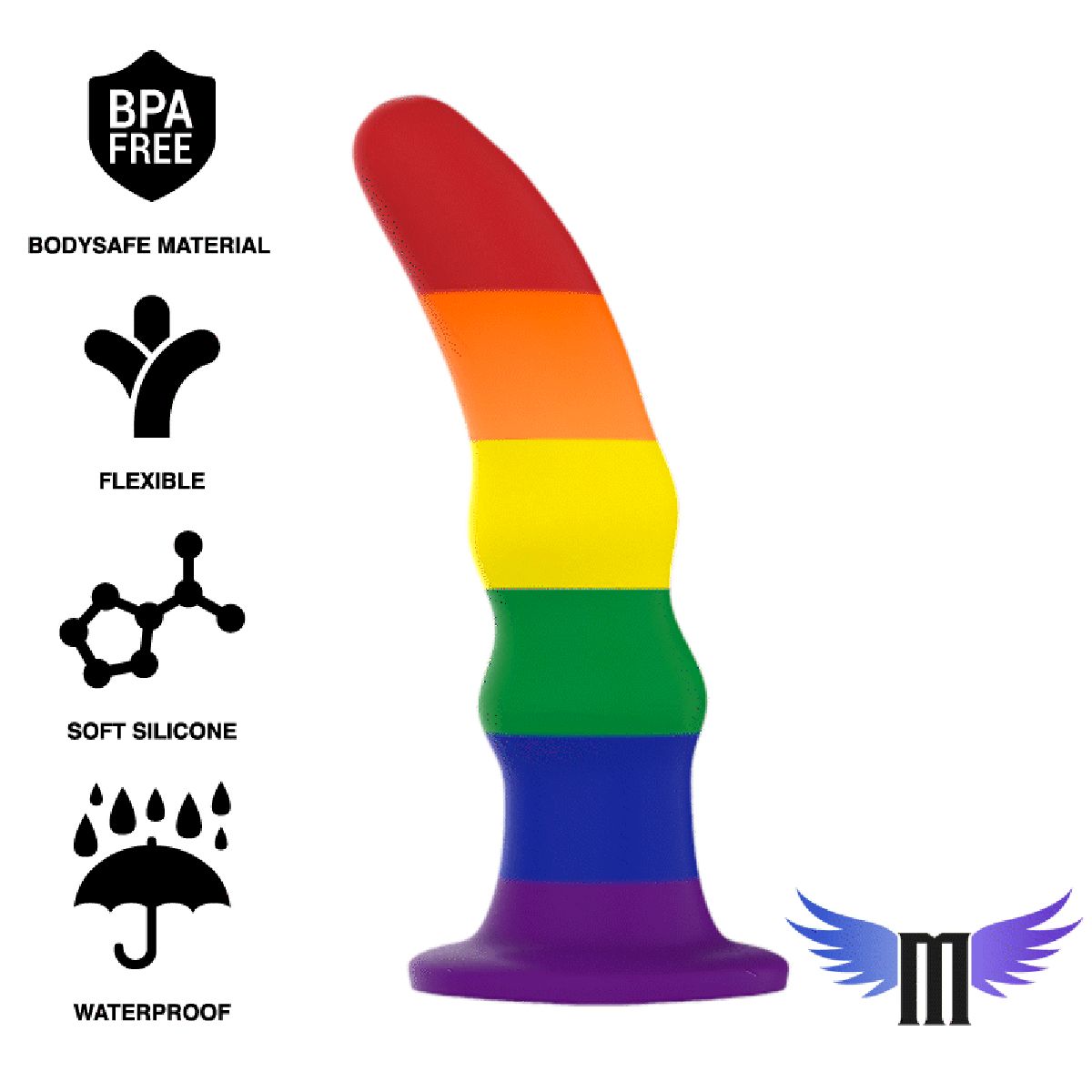 Regenbogenfarbener Dildo. Symbole: BPA-frei, körperverträgliches Material, flexibel, weiches Silikon, wasserdicht.