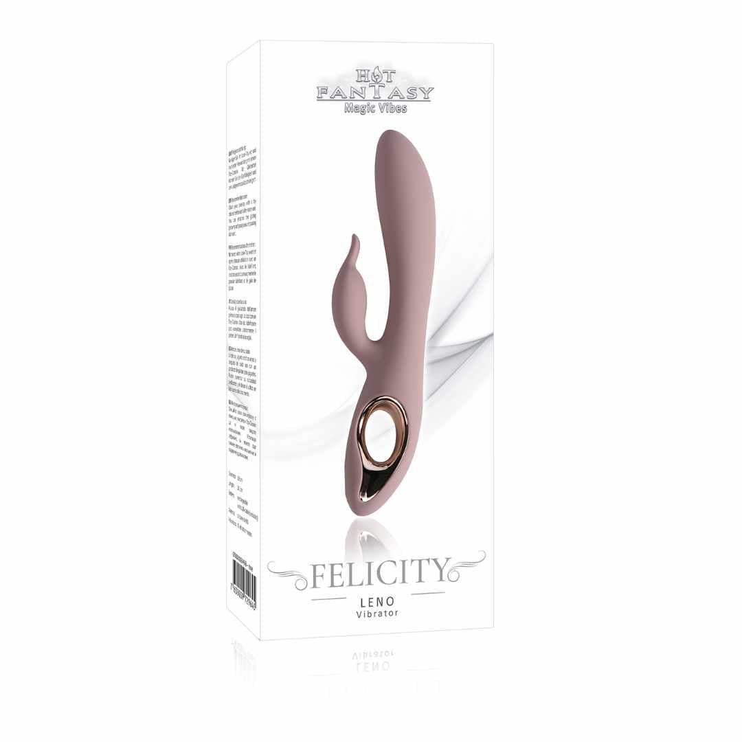 Rosa Vibrator in Verpackung. Verpackung mit Produktabbildung und Text. Produktname: FELICITY, Marke: Hot Fantasy.
