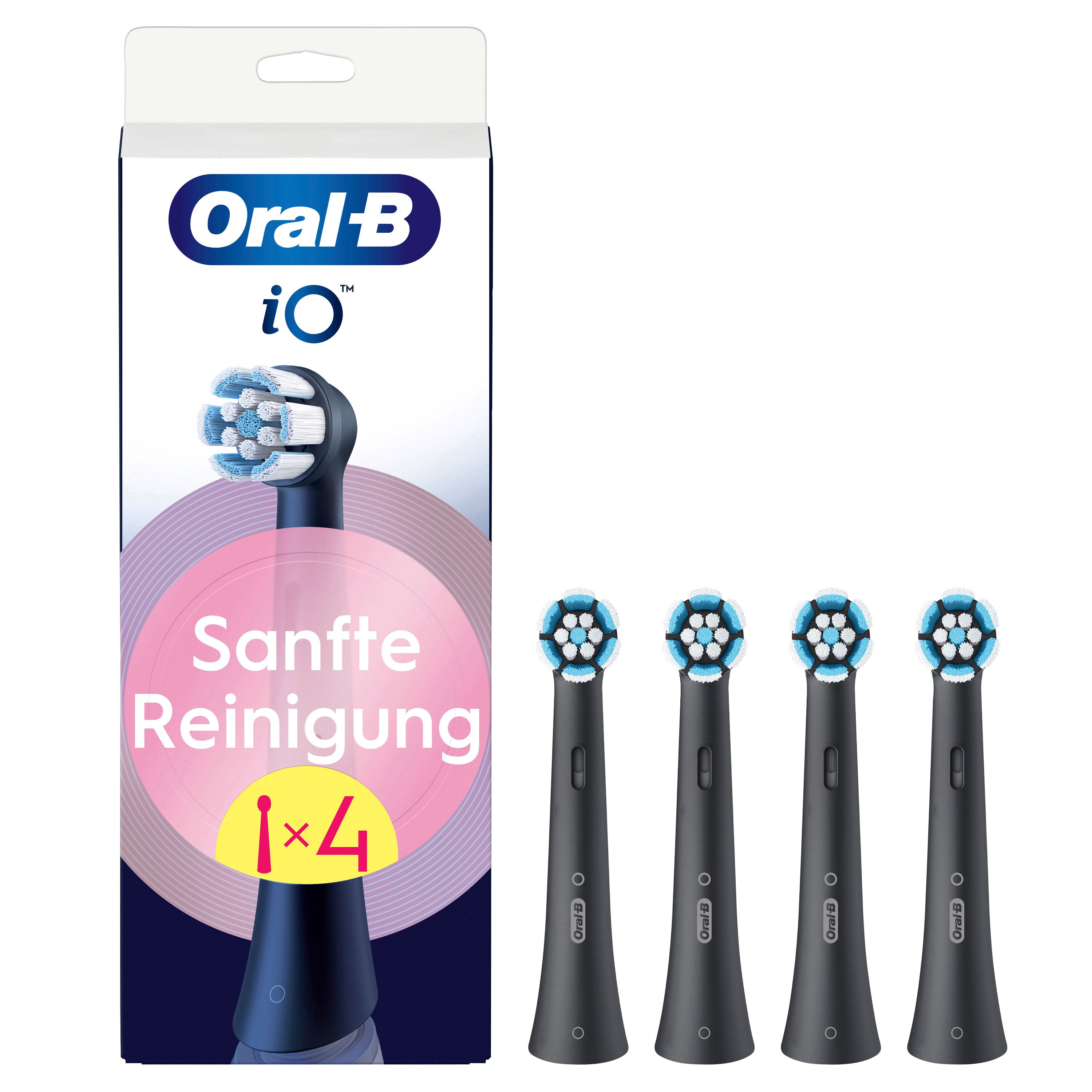 Packung mit vier schwarzen Oral-B iO Aufsteckbürsten. Auf der Packung steht "Sanfte Reinigung" und "1x4".
