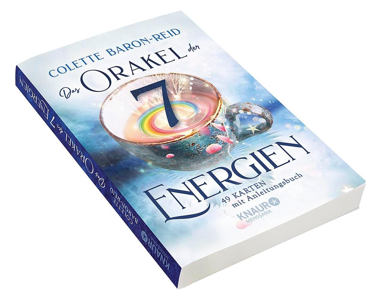 Buch "Das Orakel der 7 Energien". Titel und Autor sichtbar. 49 Karten mit Anleitungsbuch. KNAUR-Logo. Schrägansicht.