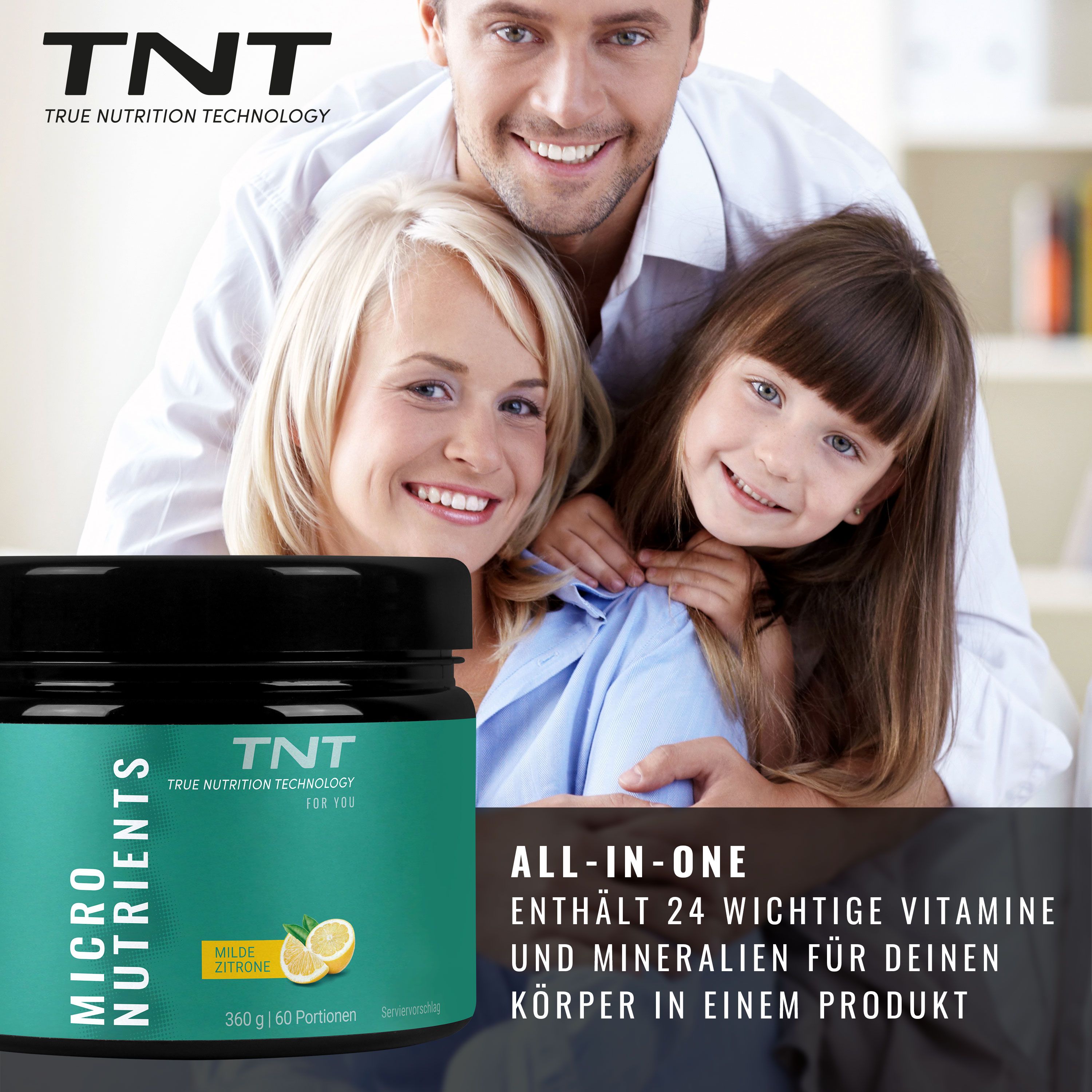 Familie mit Dose TNT Micro Nutrients. Aufschrift: Micro Nutrients, milde Zitrone, 360g, 60 Portionen.
