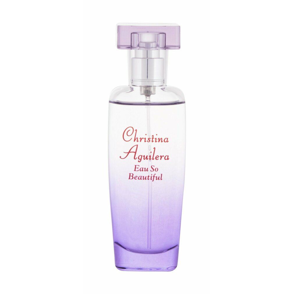 Parfümflakon mit lila Farbverlauf. Aufschrift: Christina Aguilera Eau So Beautiful. Transparenter Sprühkopf mit lila Verschluss.