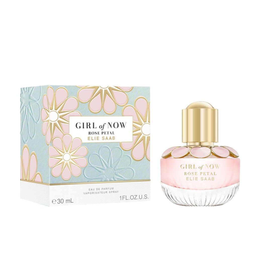 Elie Saab Girl of Now Rose Petal Eau de Parfum 30ml Flakon neben der passenden Geschenkbox.