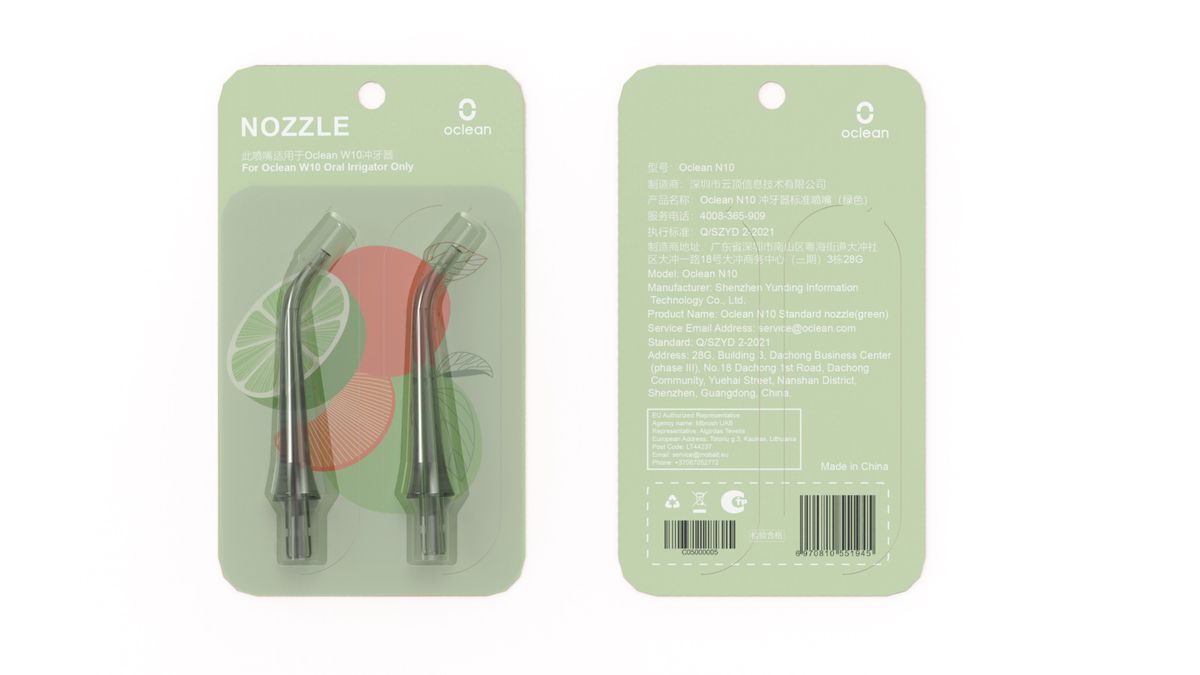 Verpackung mit zwei Mundduschen-Aufsätzen. Vorderseite: Aufsätze, Limetten-Grafik. Rückseite: Text, Barcode.