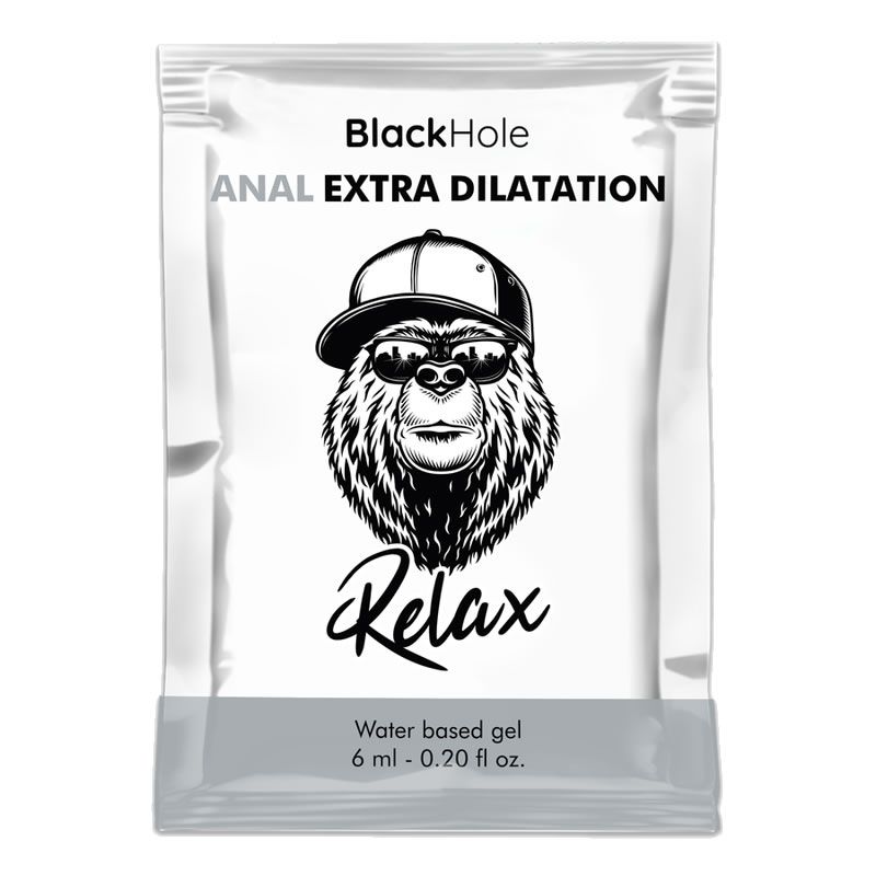 Beutel mit Produktaufdruck. Text: Black Hole, ANAL EXTRA DILATATION, Relax. Abbildung: Gorilla mit Sonnenbrille und Kappe. Inhalt: 6 ml.