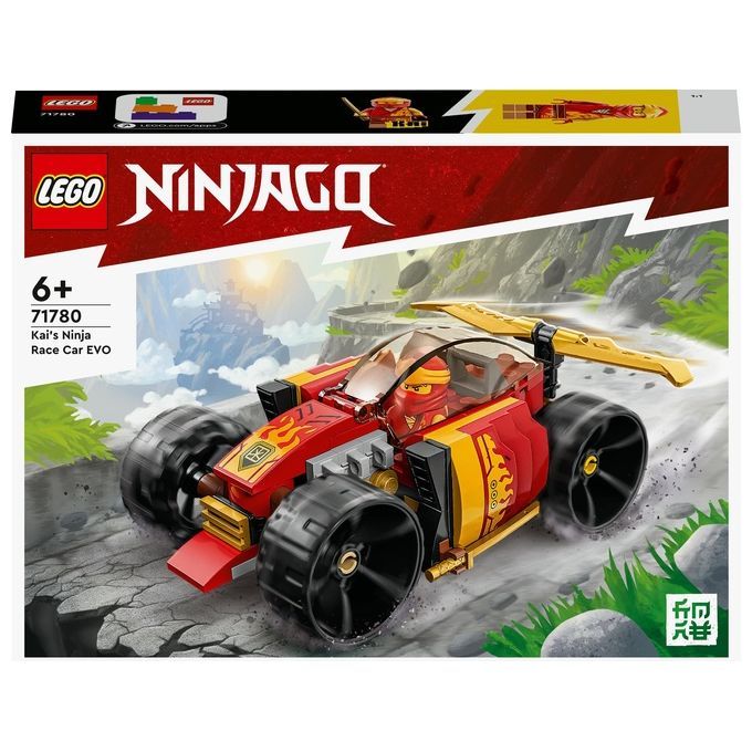 LEGO Ninjago 71780 Kais Ninja-Rennwagen EVO. Roter und gelber Rennwagen. Schwarze Reifen. LEGO-Logo und Ninjago-Schriftzug. Altersempfehlung 6+.