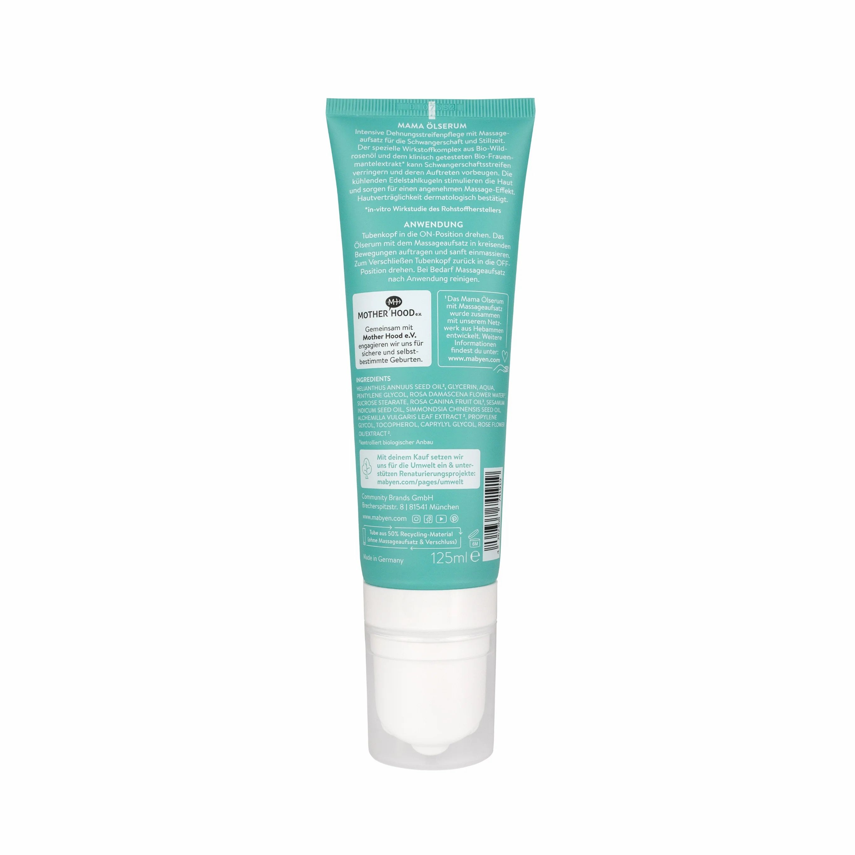 Rückseite der Tube. Text, Inhaltsstoffe, Anwendungshinweise. 125ml.