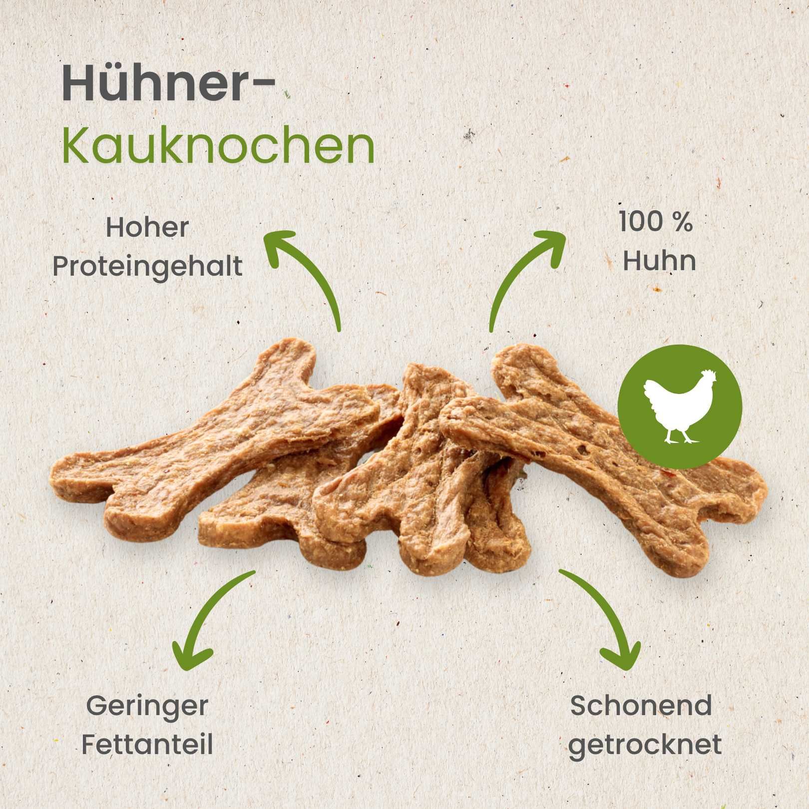 Hühner-Kauknoochen, 100% Huhn, hoher Proteingehalt, geringer Fettanteil, schonend getrocknet.