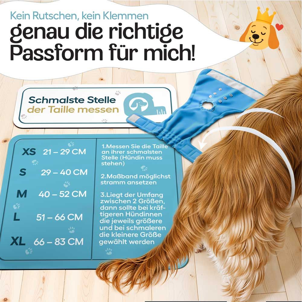 Größentabelle für Windeln. Größen: XS-XL. Text: Genau die richtige Passform für mich! Maßband, Hund.