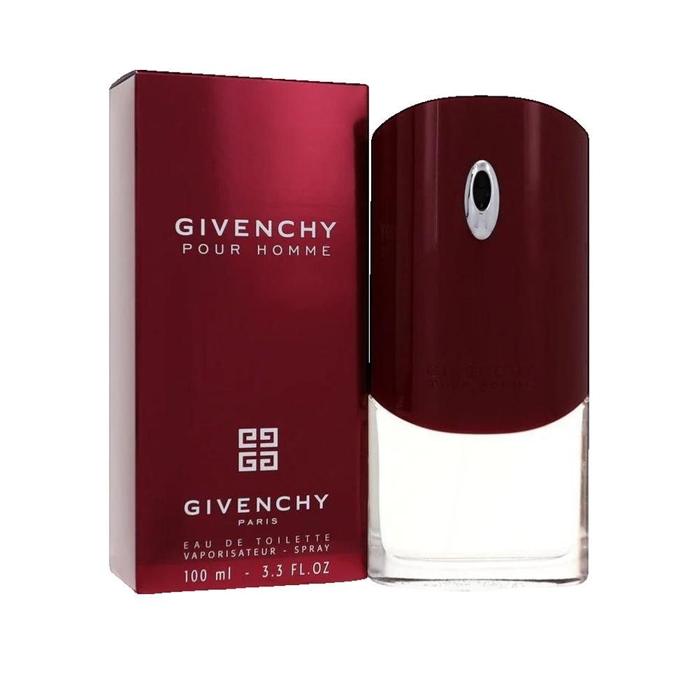 Givenchy Pour Homme Eau de Toilette. Roter Flakon und Verpackung. Logo und Schriftzug Givenchy.