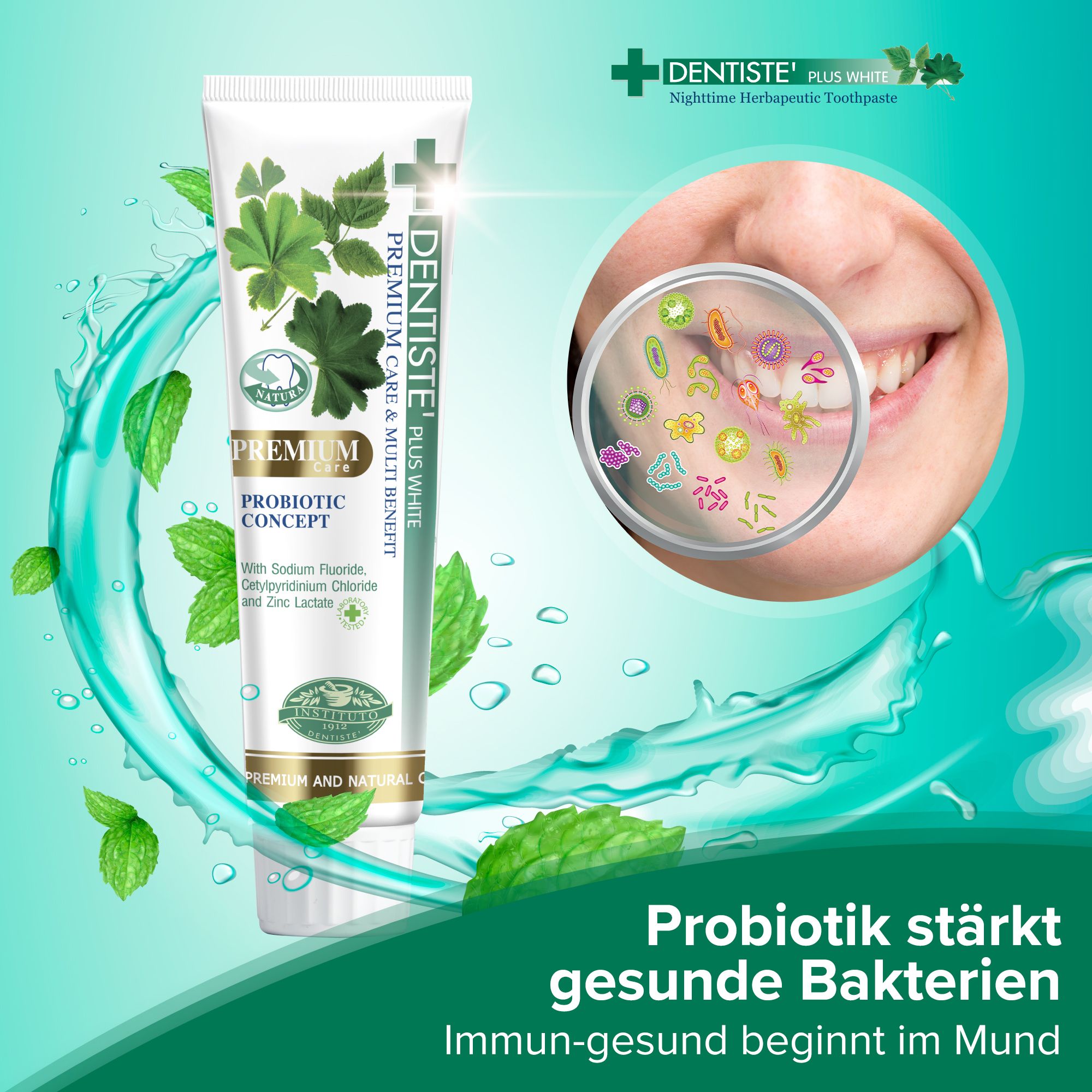 Zahnpasta-Tube mit Text und Illustrationen. Probiotik stärkt gesunde Bakterien. Premium Care & Multi Benefit. Mit Natriumfluorid.