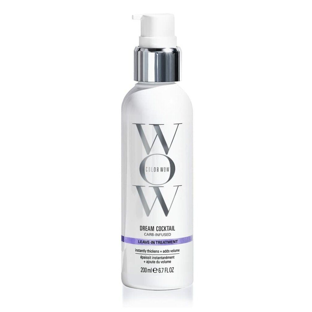 Weiße Flasche mit silbernem Pumpkopf. Aufschrift: Color Wow, Dream Cocktail, Leave-in Treatment. 200ml.