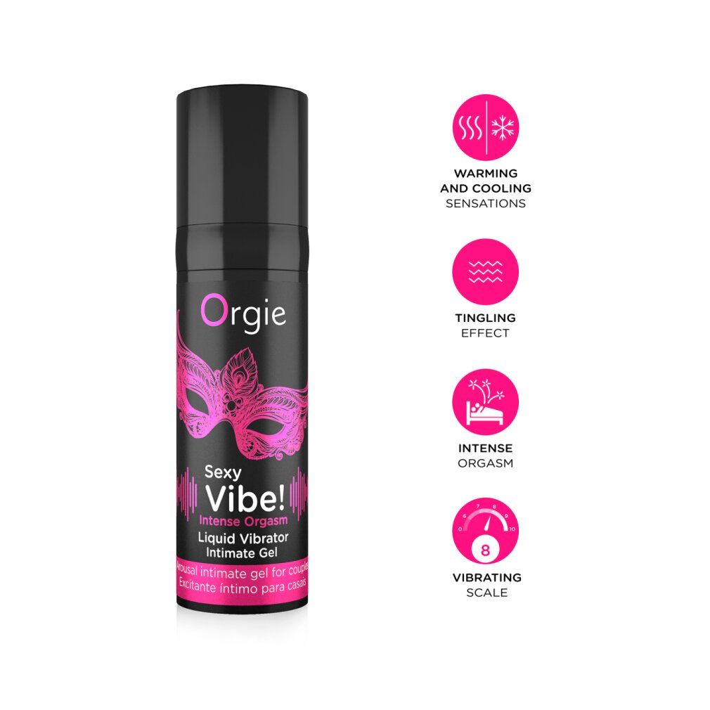 Orgies Sexy Vibe! Intense Orgasm. Flasche mit pinkfarbenen Icons. Produktname und Marke sichtbar. Zusätzliche Informationen.