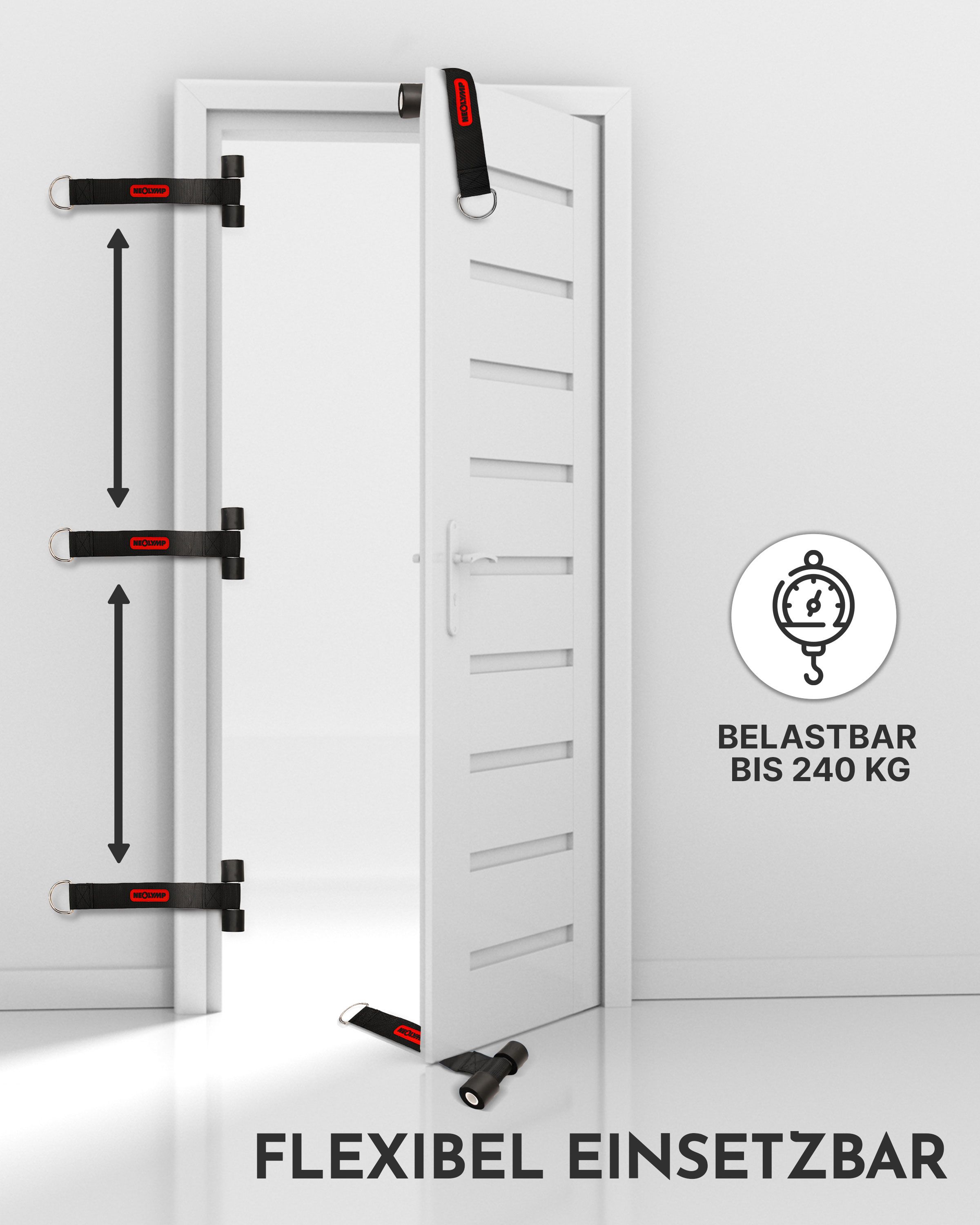 Türanker an einer Tür befestigt. Schwarze Bänder mit rotem Logo. Text: FLEXIBEL EINSETZBAR, BELASTBAR BIS 240 KG.
