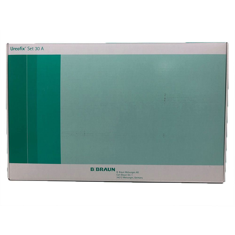 Kartonverpackung mit Produktbezeichnung "Ureofix Set 30 A" und Logo von B. Braun. Grün- und weißfarbenes Design.