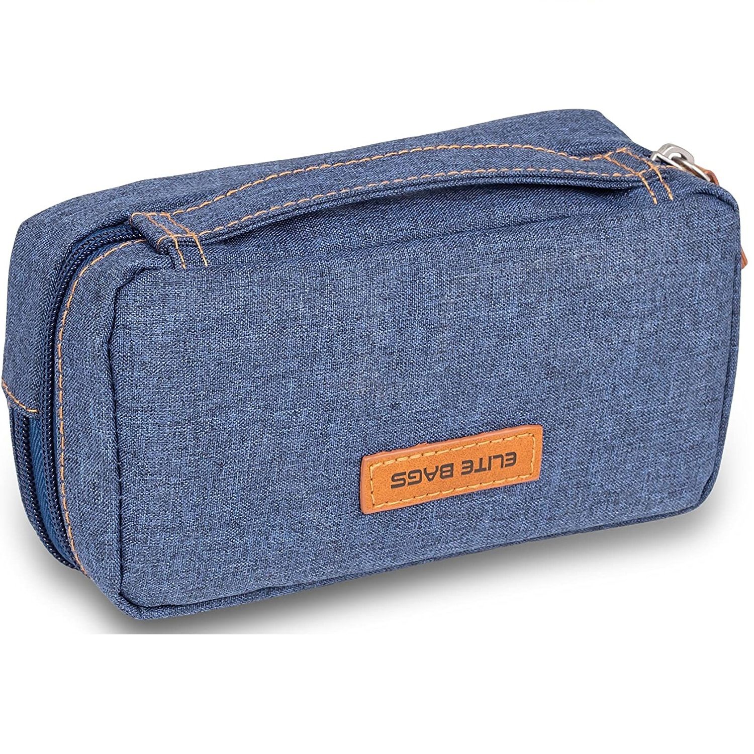 Blaue, thermoisolierte Diabetikertasche mit Tragegriff und braunem Logo-Patch. Marke: Elite Bags.
