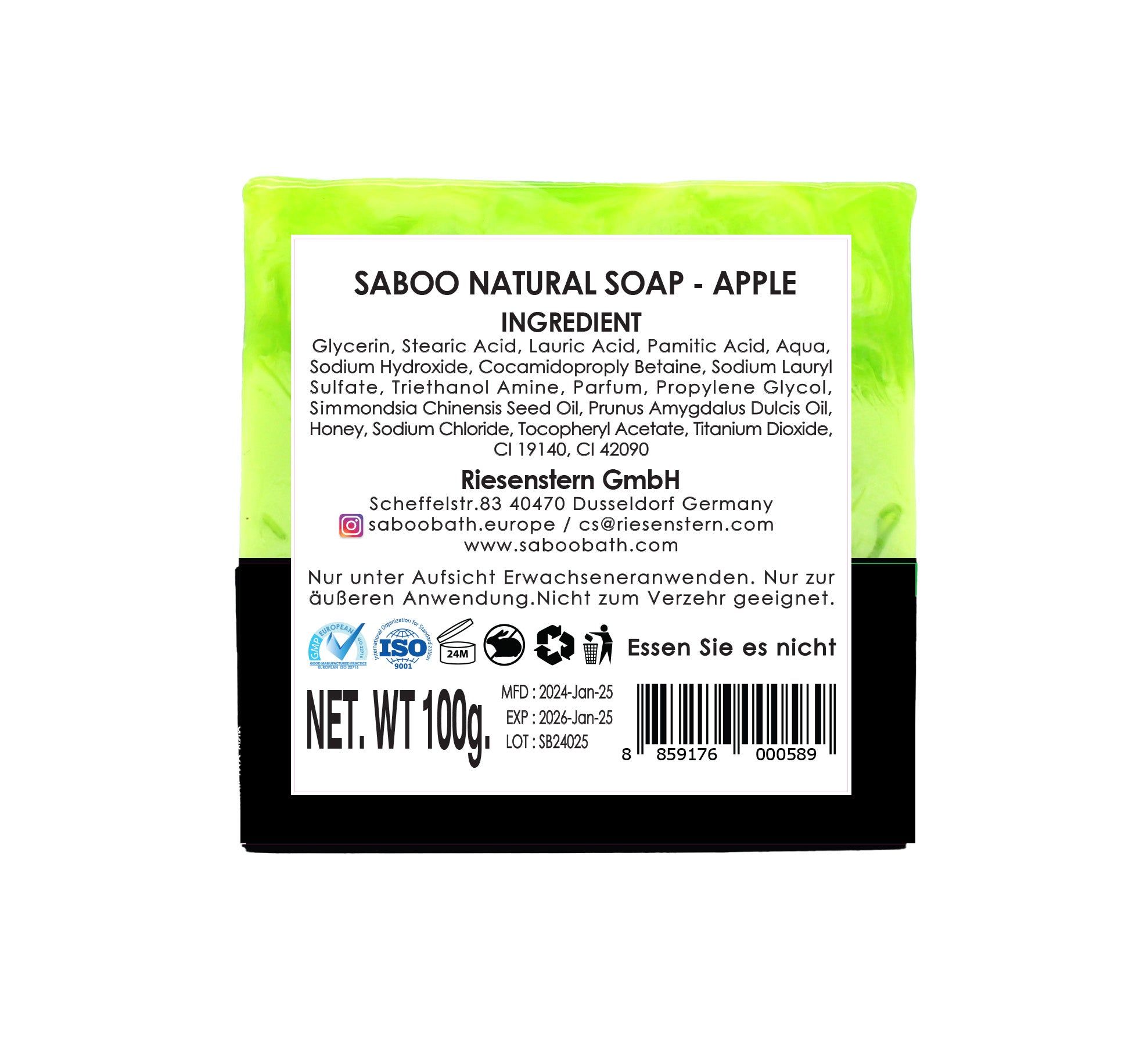 Rückseite der Seife. Saboo Naturseife. Inhaltsstoffe, Herstellerinformationen, Gewicht 100g, Haltbarkeitsdatum und Barcode.