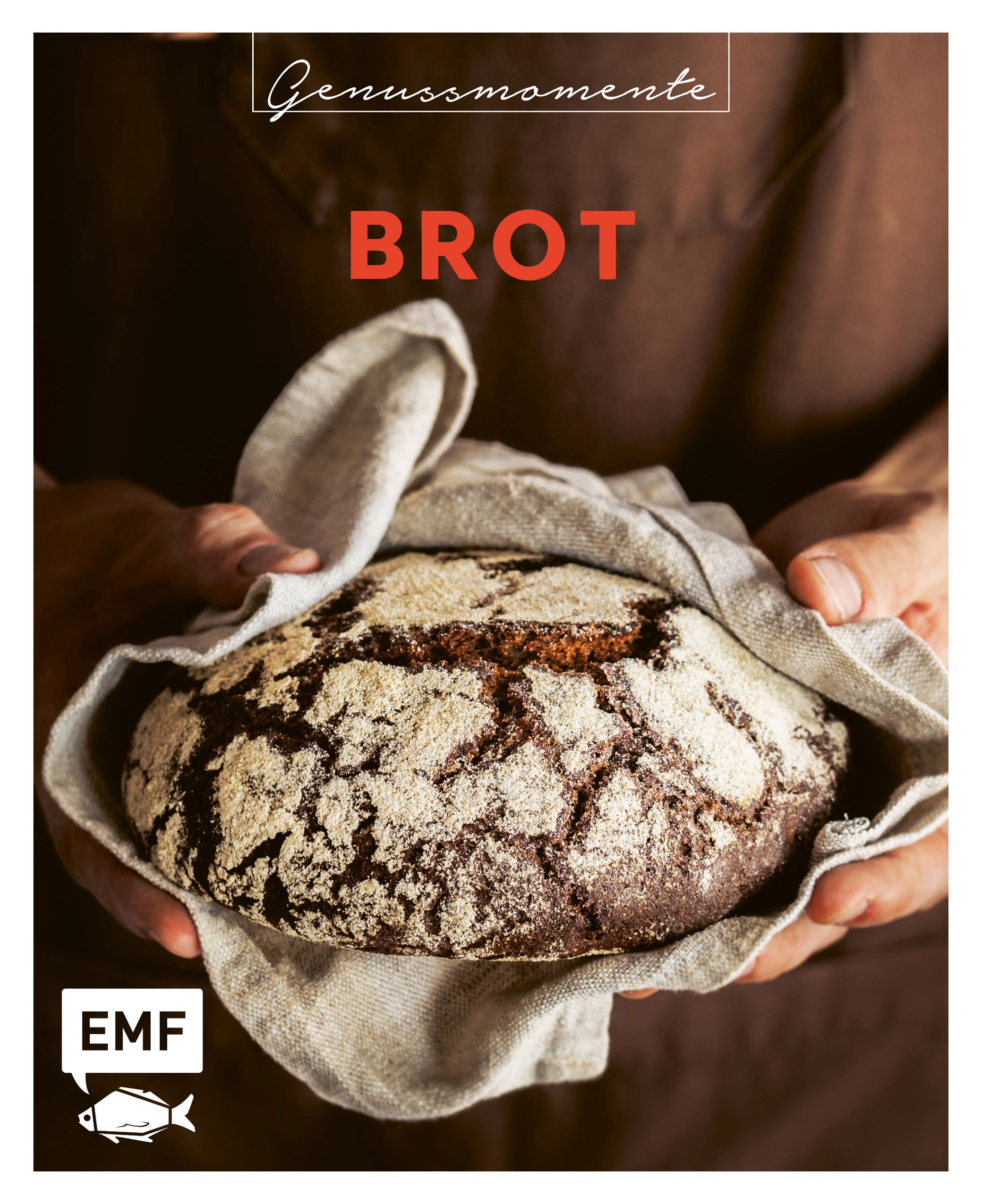 Ein Brot, umhüllt von einem Leinentuch, wird von Händen gehalten. Oben steht "Genussmomente", darunter "BROT".