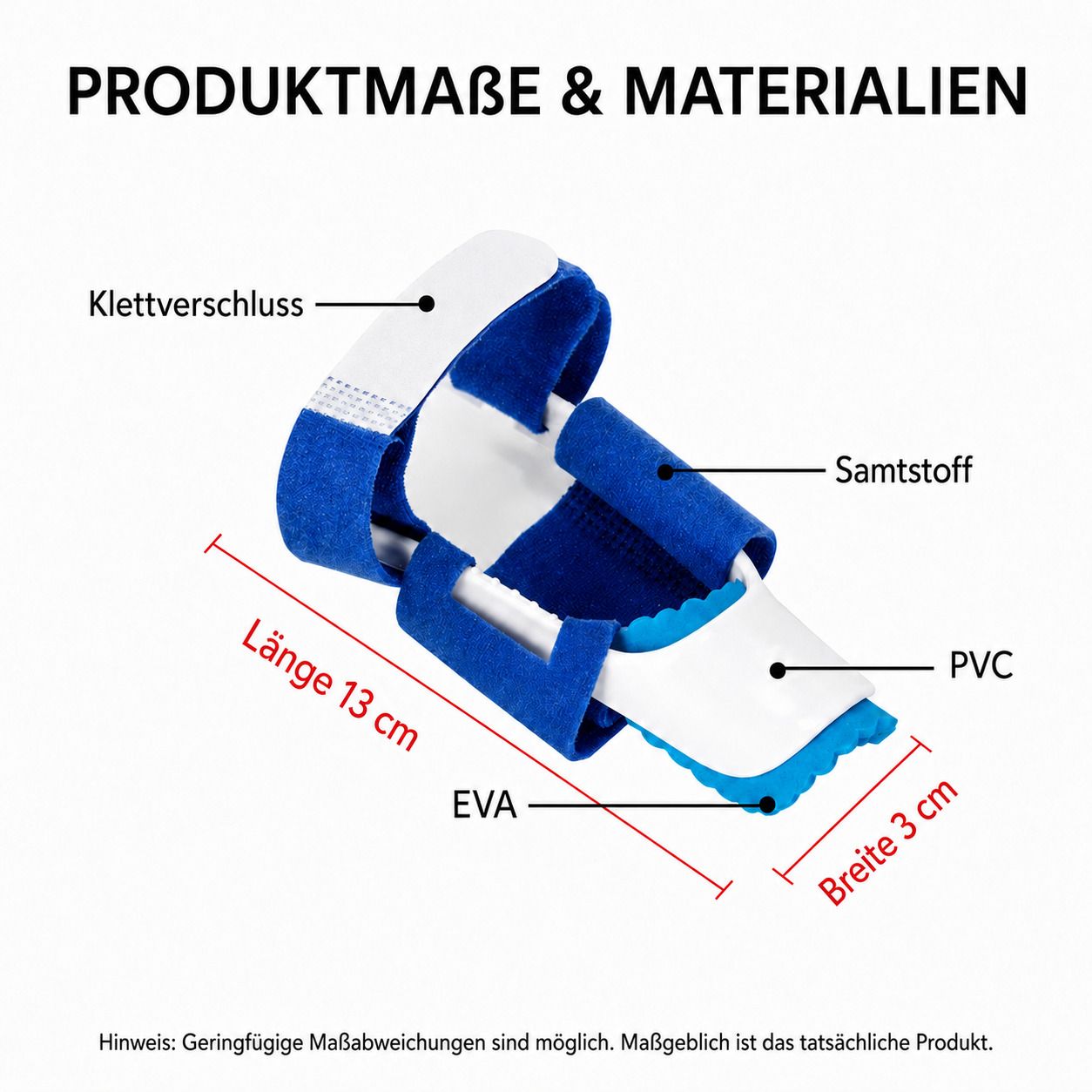 Hallux-Nachtbandage mit Klettverschluss, blau-weiß. Maße: 13x3 cm. Material: Samtstoff, PVC, EVA.