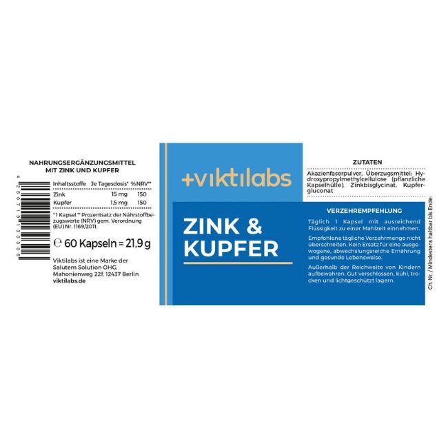 Etikett mit Text: "Viktilabs Zink & Kupfer". Inhaltsstoffe, Nährwertangaben, Verzehrempfehlung. Weißer Hintergrund.