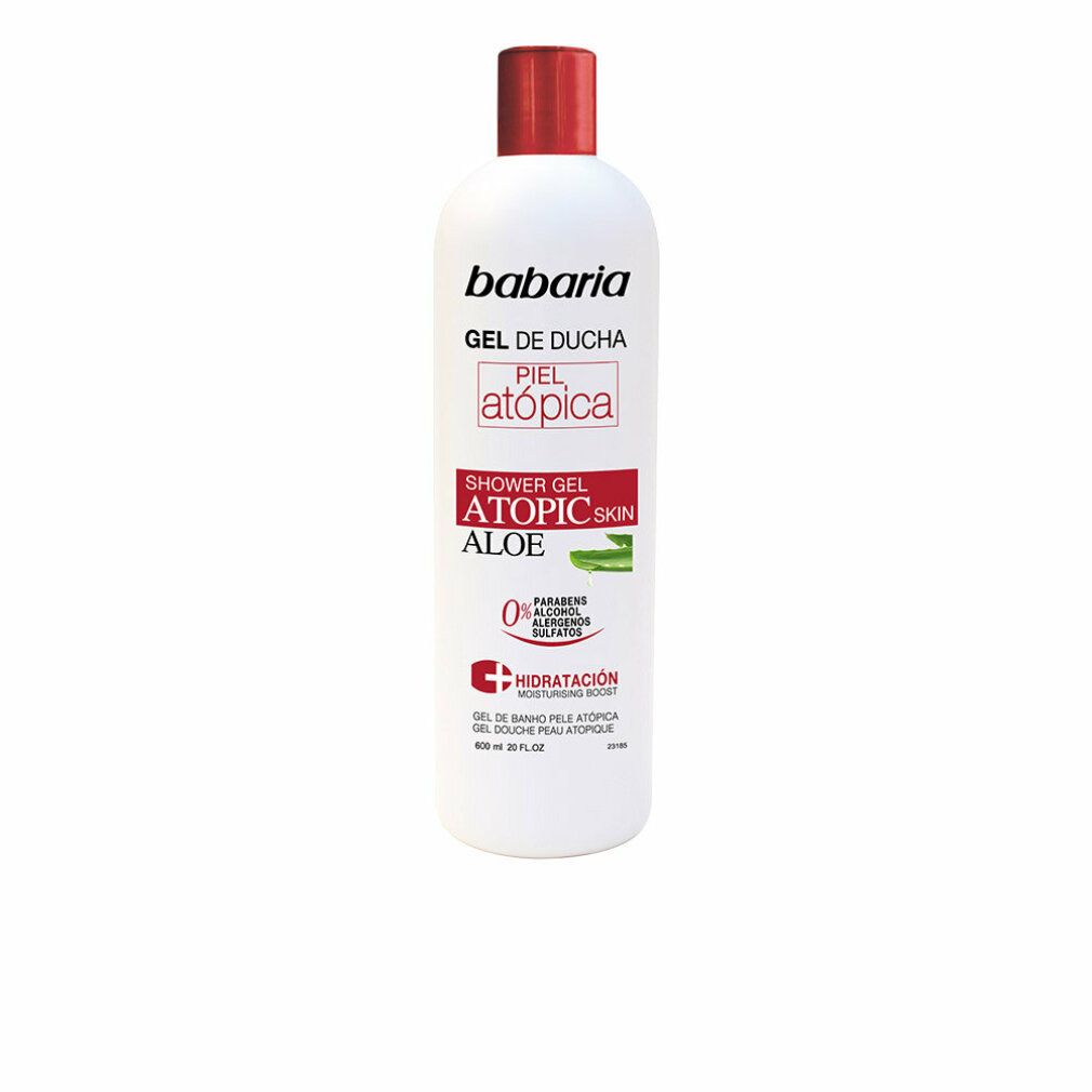 Weiße Flasche Babaria Gel de Ducha, atopische Haut, Aloe Vera. Roter Deckel, Schrift und Aloe-Vera-Illustration.