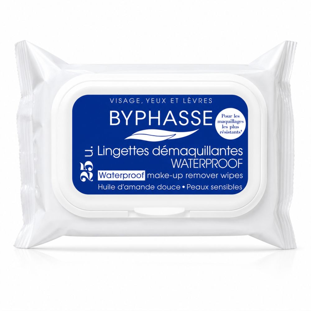 BYPHASSE wasserfeste Make-up-Entferner-Tücher für Gesicht, Augen und Lippen. Mit süßem Mandelöl für empfindliche Haut.