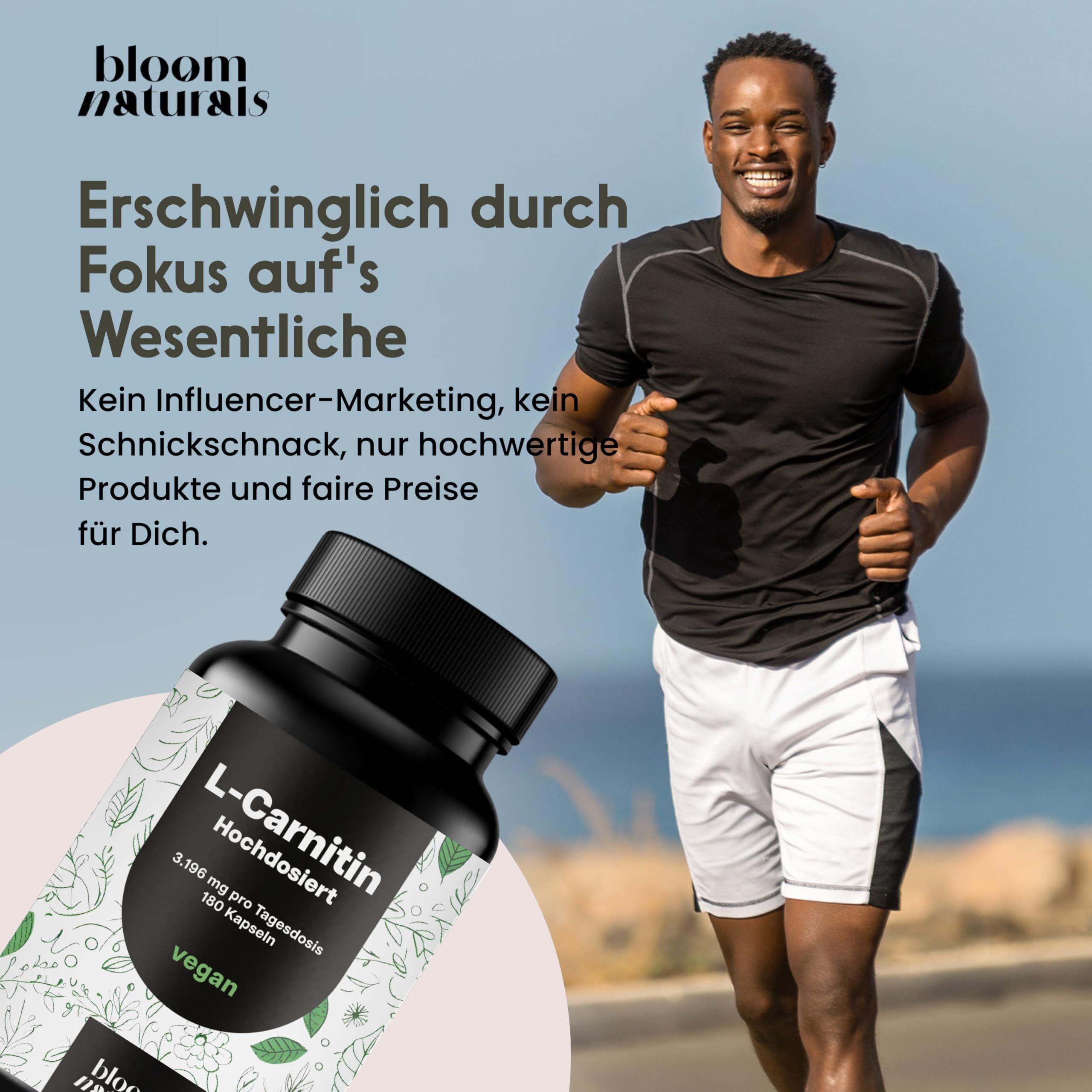 Mann beim Joggen mit L-Carnitin Kapseln. Aufschrift: L-Carnitin, hochdosiert, 180 Kapseln, vegan. Marke: Bloom Naturals.