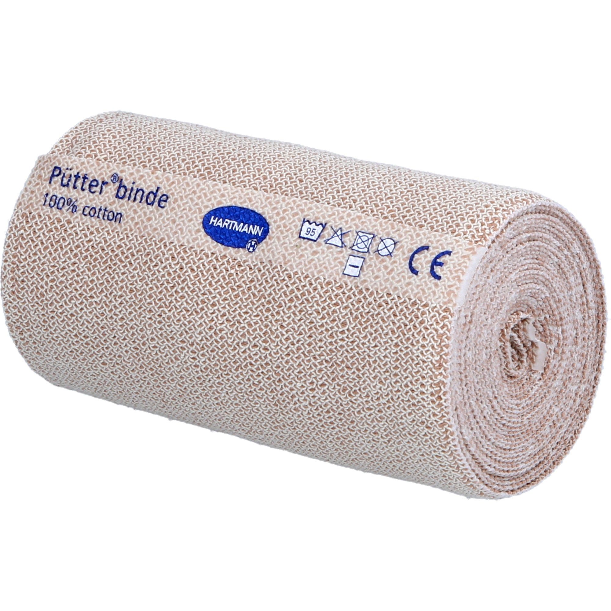 Gerollter Hartmann Pütterbinde®-Verband. Beige, aus Baumwolle. Produktname und Zertifizierungen sichtbar.