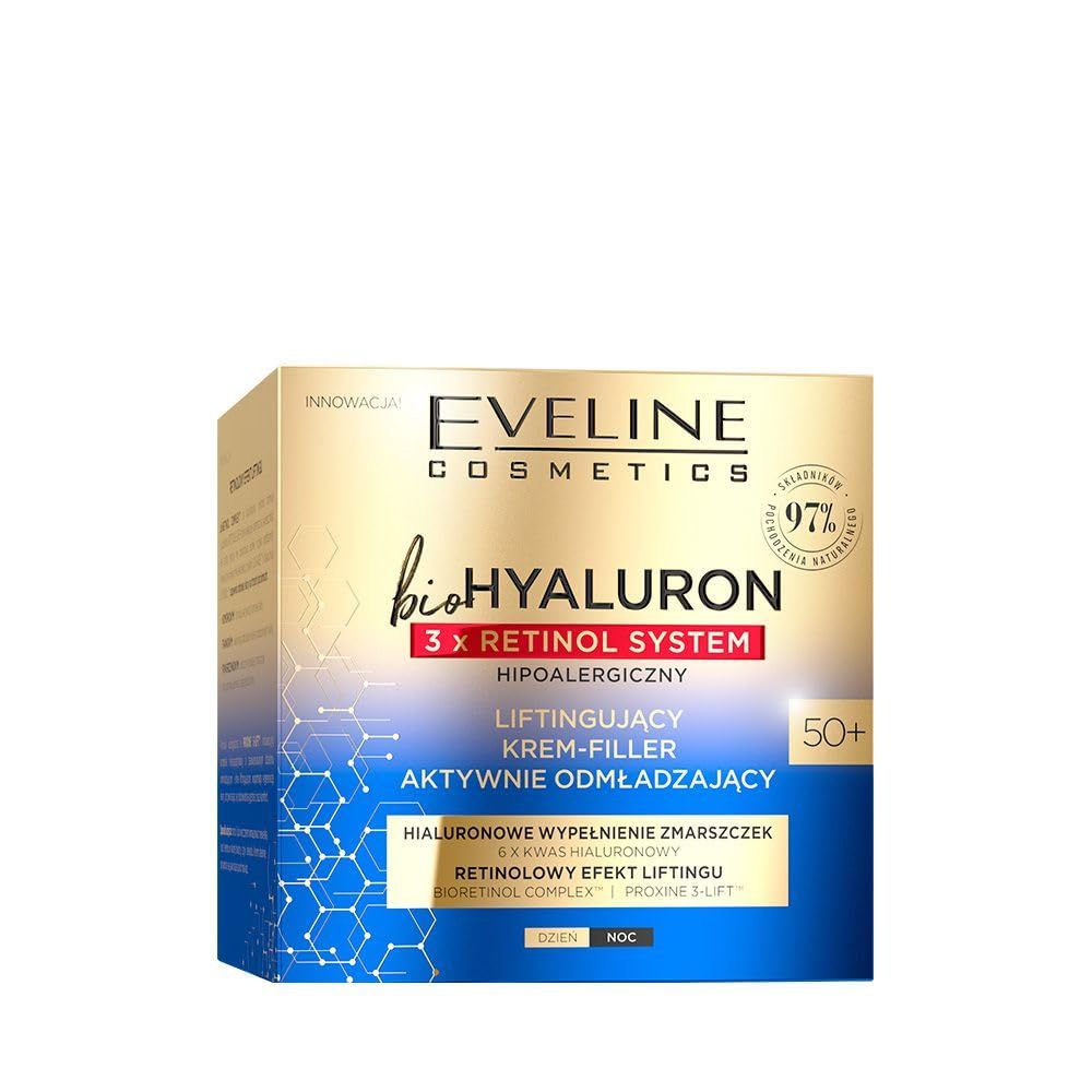 Verpackung. Aufschrift: Eveline Cosmetics bioHYALURON 3xRetinol System. 50+.
