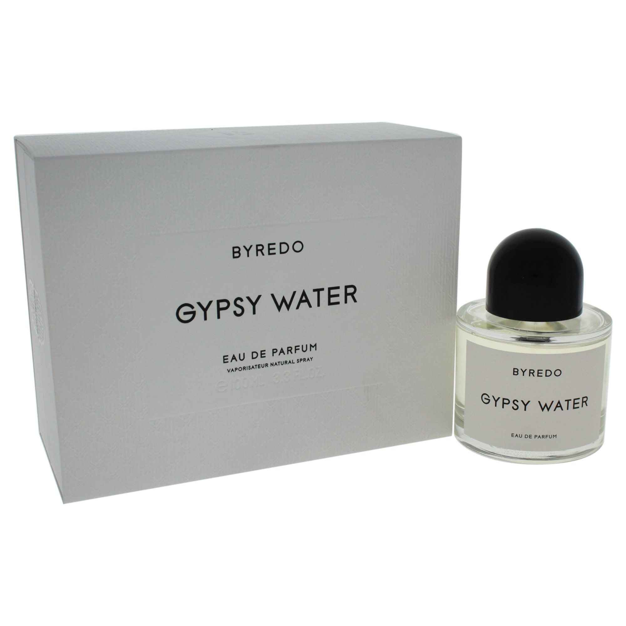 Byredo Gypsy Water EdP Spray. Flakon mit schwarzem Deckel und weißer Verpackung. Text: Byredo, Gypsy Water, Eau de Parfum.