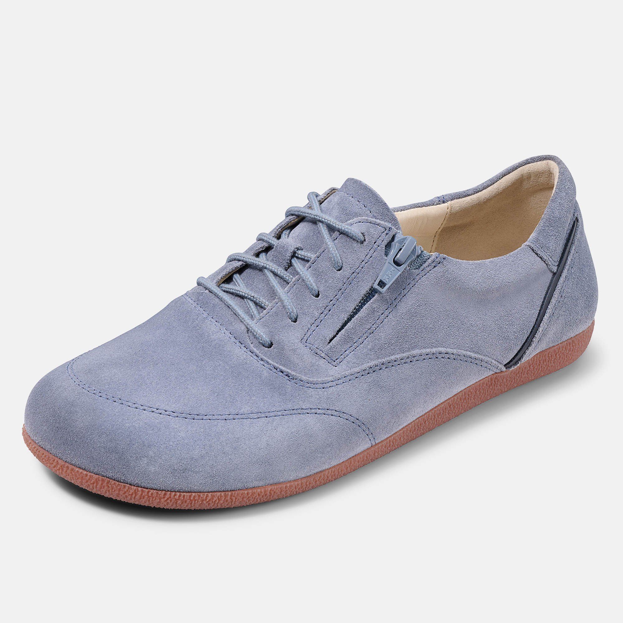 Blauer Schnürschuh mit seitlichem Reißverschluss und brauner Sohle. Weite: breit.