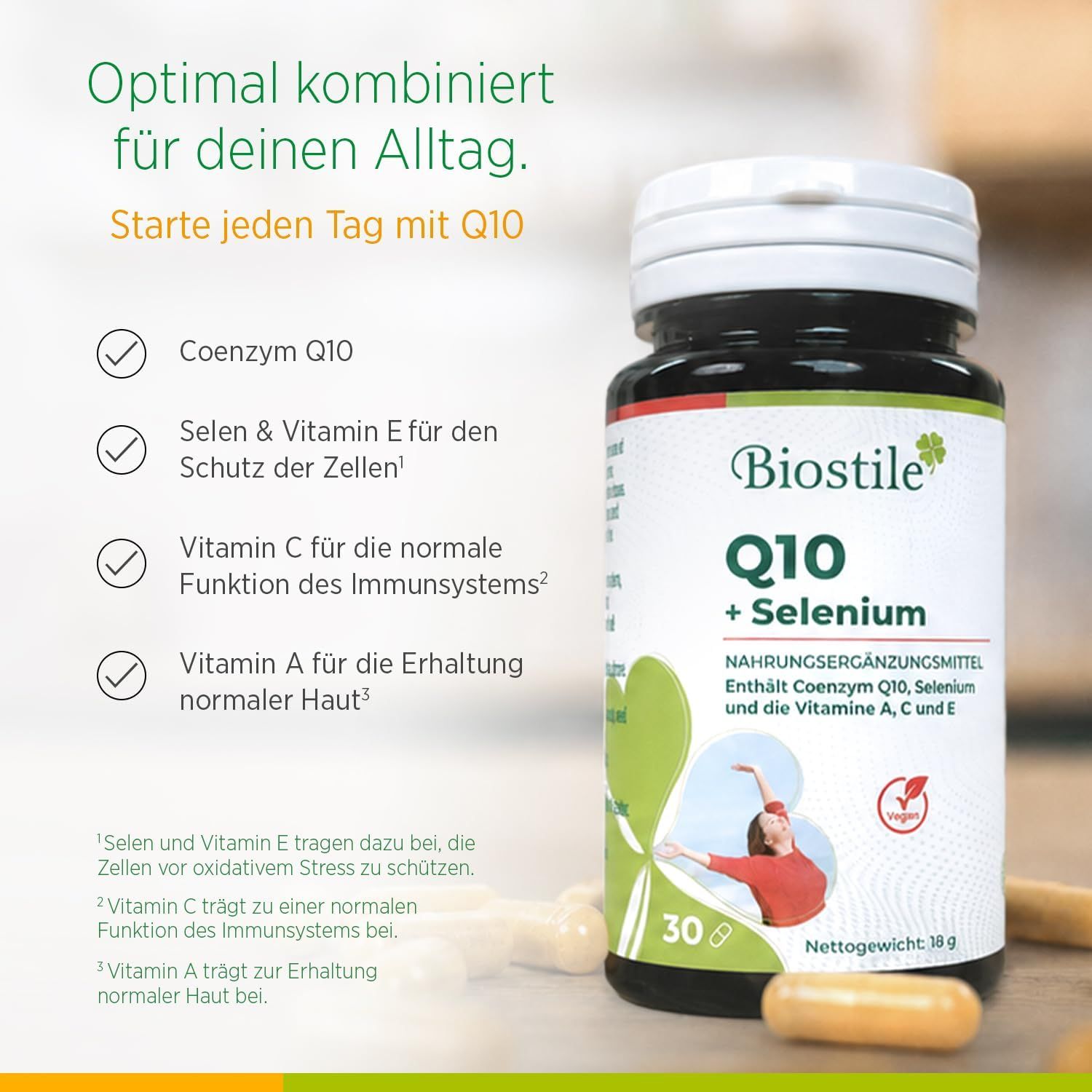 Biostile Q10 + Selenium Dose. Coenzym Q10, Selen & Vitamine E für Zellschutz. Vitamine A, C.