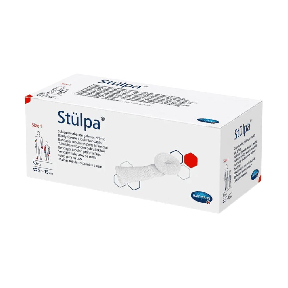 Hartmann Stülpa® Schlauchverband-Box. Weiß, mit Produktabbildung und Text. Größe 1, 50 Stück. Hartmann-Logo.