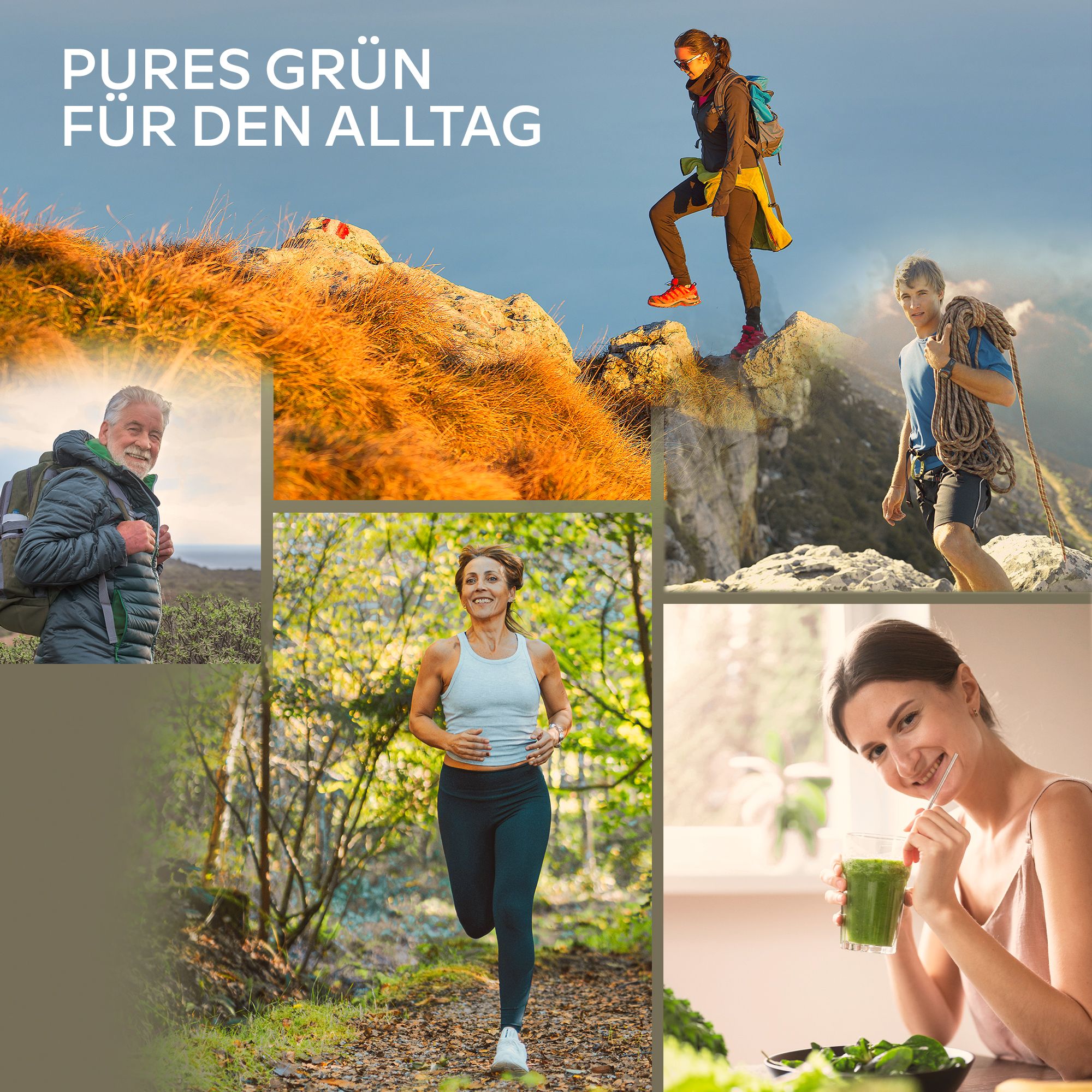 Collage mit Menschen bei Outdoor-Aktivitäten und einem grünen Smoothie.
