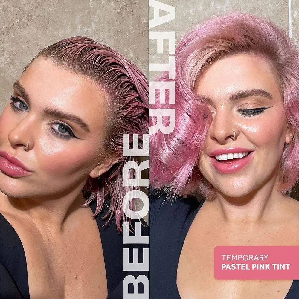 Vorher-Nachher-Bild. Frau mit nassen Haaren, dann mit rosa gefärbten Haaren. Text: Temporary Pastel Pink Tint.
