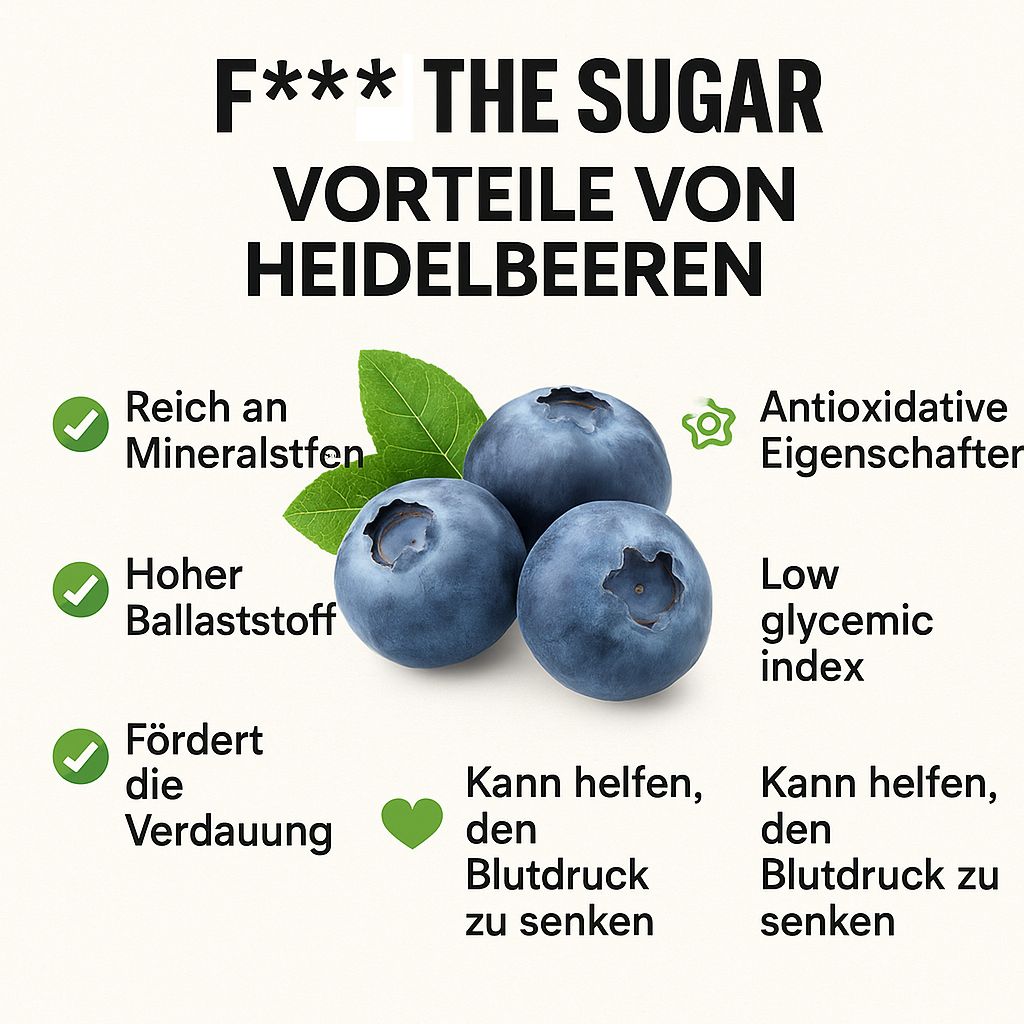 Infografik mit Blaubeeren und Text. Vorteile von Heidelbeeren: reich an Mineralstoffen, hoher Ballaststoffgehalt, fördert die Verdauung.