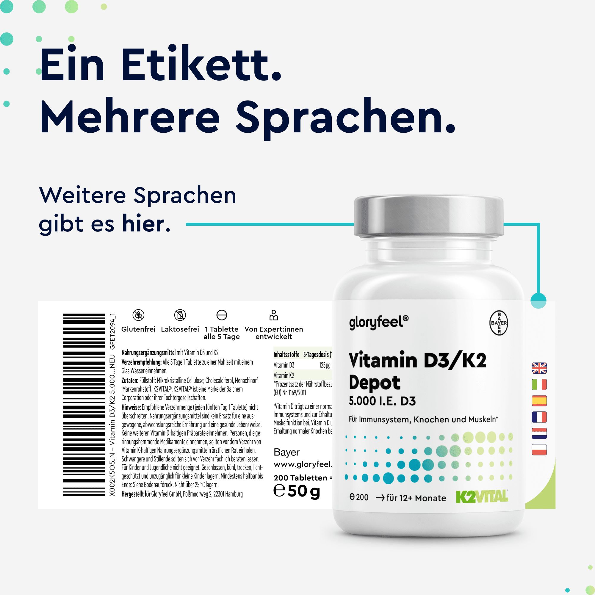 Etikett mit mehreren Sprachen: Gloryfeel Vitamin D3/K2 Depot, 200 Tabletten.