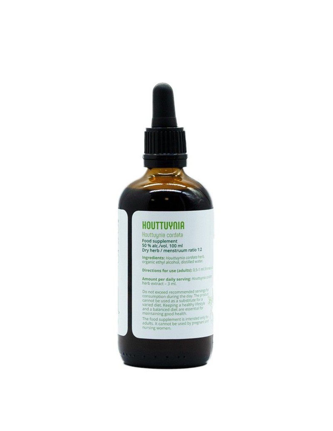Braune Glasflasche mit schwarzem Deckel und Pipette. Weißes Etikett mit Text. Rückansicht. Houttuynia cordata, Tincture. Lymeherbs.