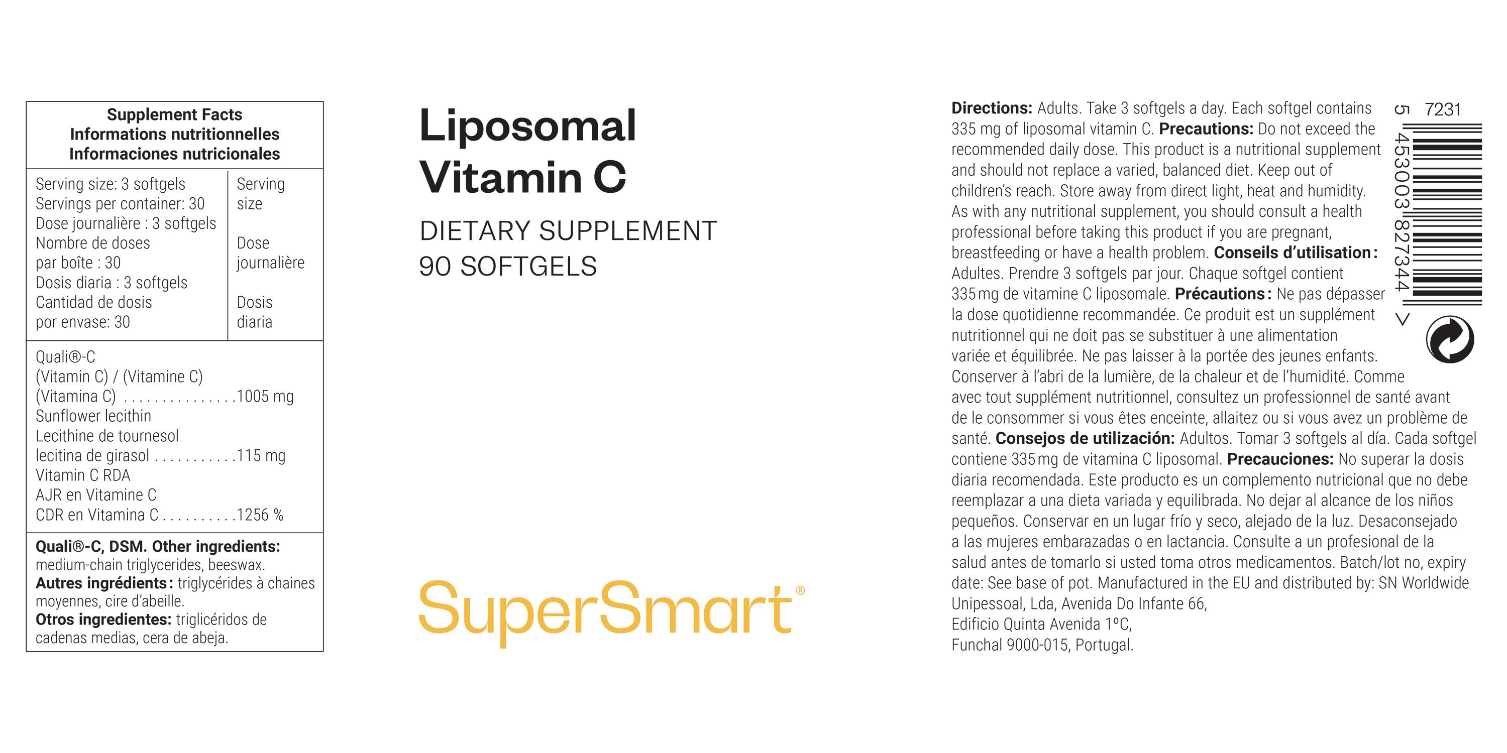 Etikett mit Produktinformationen. Liposomales Vitamin C, 90 Softgels. Marke: SuperSmart. Enthält Nährwertangaben und Gebrauchsanweisung.