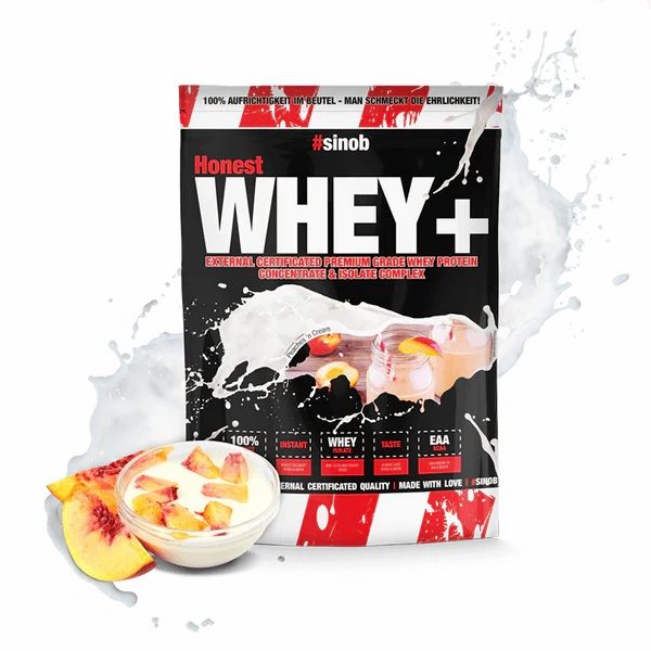 Sinob Honest Whey+ Beutel mit Milchspritzern und Pfirsichstücken. Text: Whey+, EAA, Instant, zertifiziert.