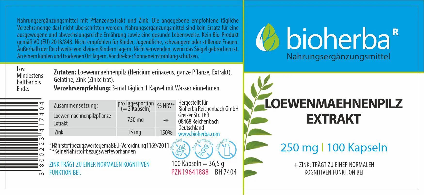 Etikett mit "bioherba" Logo und "Loewenmaehnenpilz Extrakt". Enthält Informationen zu Inhaltsstoffen und Dosierung.
