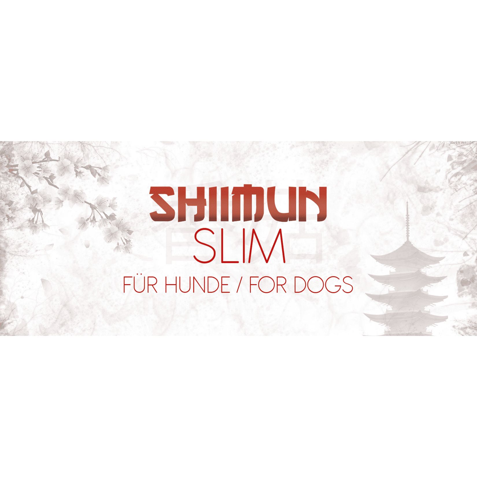 Shiimun Slim-Logo mit Schriftzug für Hunde. Hintergrund mit Kirschblüten und Pagode.