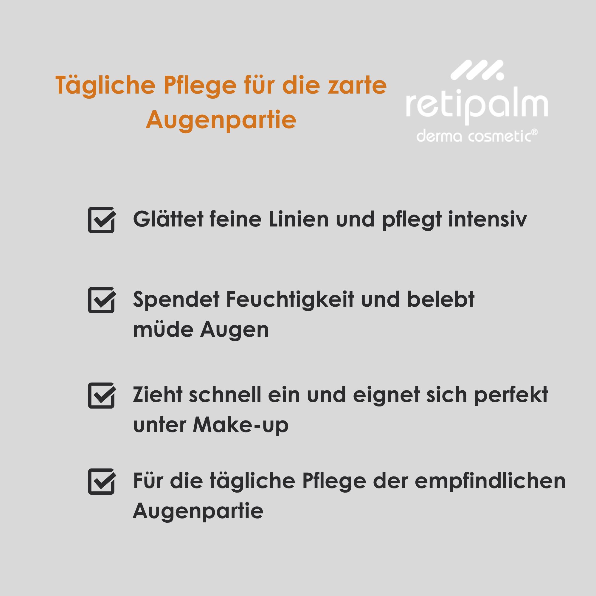Retipalm Eye Care Spender mit Liste der Vorteile.