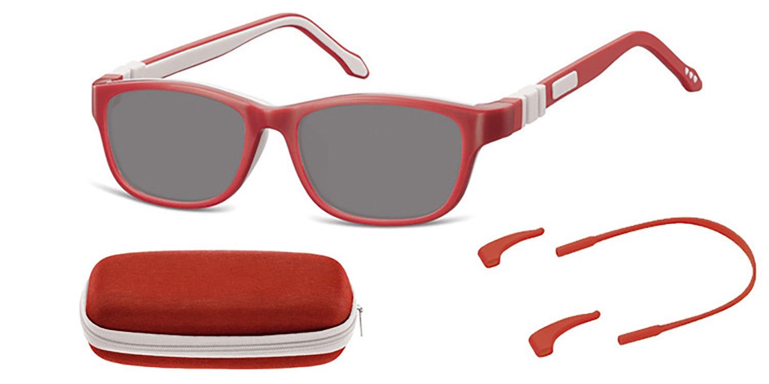 Rote Sonnenbrille, Etui und Brillenband. Graue Gläser. Rechteckige Form. Weißes Etui mit Reißverschluss.