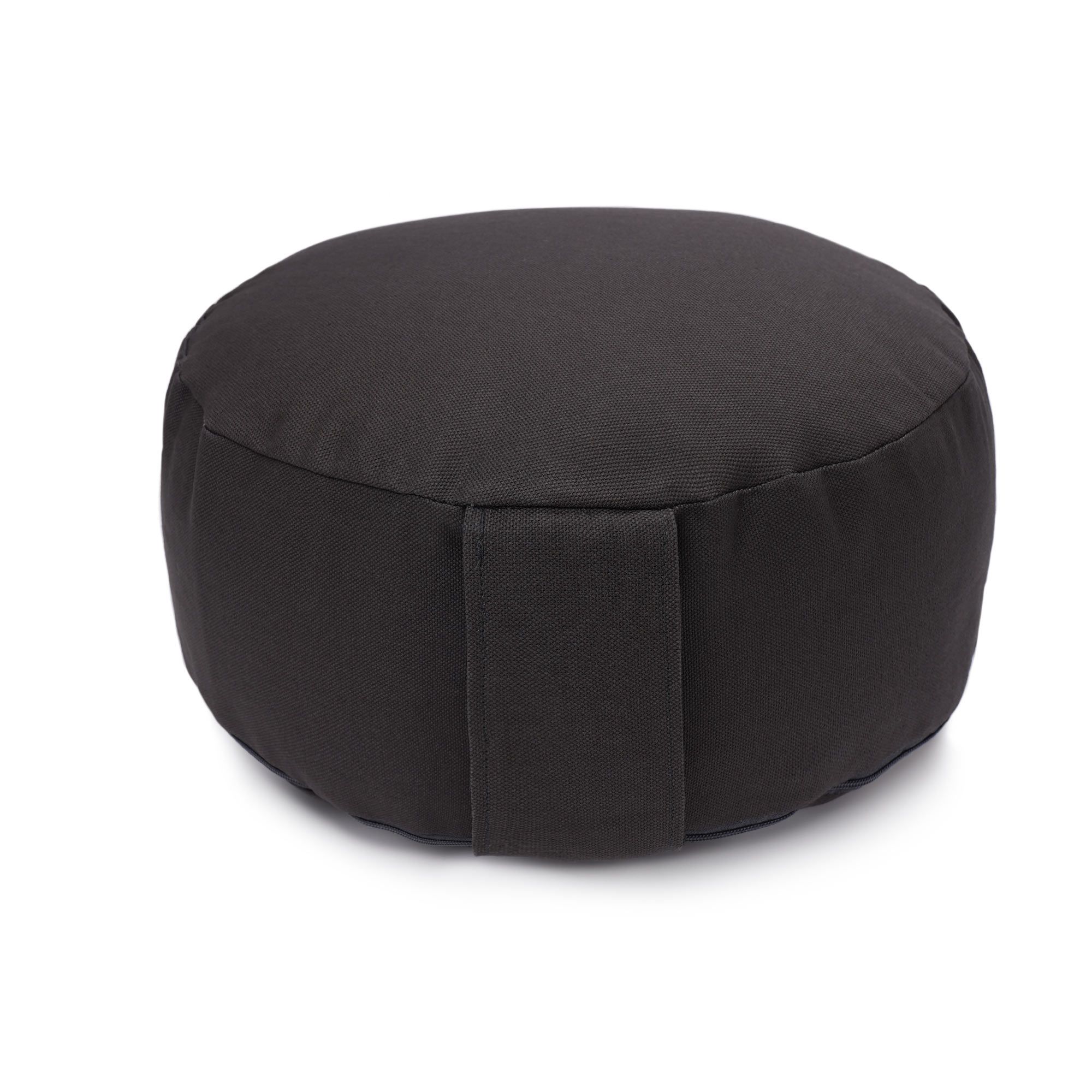 Rundes, anthrazitfarbenes Yogakissen mit seitlichem Griff.